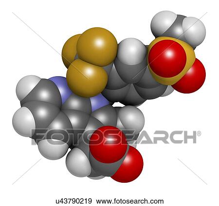 Stock Photo - Fevipiprant asthma drug molecule. 3D rendering. Atoms are represented as spheres with conventional colour coding: hydrogen (white), carbon (grey), nitrogen (blue), oxygen (red), sulfur (green), fluorine (gold).. Fotosearch
