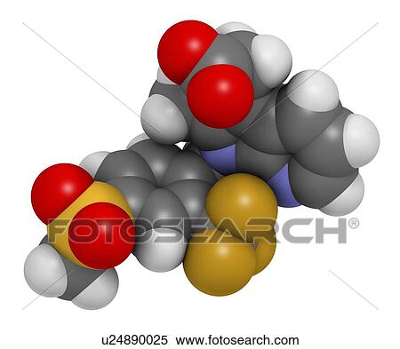 Stock Photography - Fevipiprant asthma drug molecule. 3D rendering. Atoms are represented as spheres with conventional colour coding: hydrogen (white), carbon (grey), nitrogen (blue), oxygen (red), sulfur (green), fluorine (gold).. Fotosearch