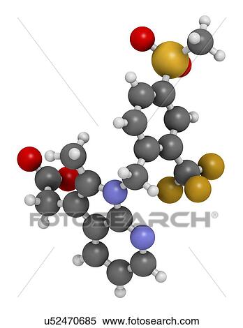 Stock Photography - Fevipiprant asthma drug molecule. 3D rendering. Atoms are represented as spheres with conventional colour coding: hydrogen (white), carbon (grey), nitrogen (blue), oxygen (red), sulfur (green), fluorine (gold).. Fotosearch