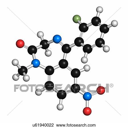 Stock Image - Flunitrazepam hypnotic drug molecule. Atoms are represented as spheres with conventional colour coding: hydrogen (white), carbon (grey), oxygen (red), nitrogen (blue), fluorine (light green).. Fotosearch