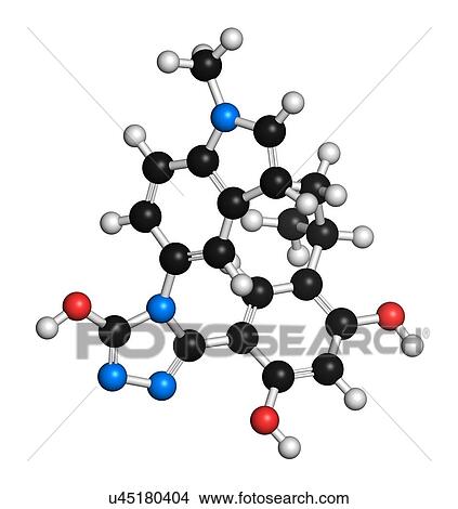 Ganetespib cancer drug molecule (HSP90 inhibitor). 3D rendering. Atoms are represented as spheres with conventional colour coding: hydrogen (white), carbon (black), nitrogen (blue), oxygen (red). View Large Photo Image Picture - Ganetespib cancer drug molecule (HSP90 inhibitor). 3D rendering. Atoms are represented as spheres with conventional colour coding: hydrogen (white), carbon (black), nitrogen (blue), oxygen (red).. Fotosearch