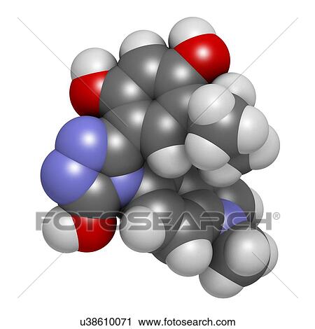 Stock Image - Ganetespib cancer drug molecule (HSP90 inhibitor). 3D rendering. Atoms are represented as spheres with conventional colour coding: hydrogen (white), carbon (grey), nitrogen (blue), oxygen (red).. Fotosearch