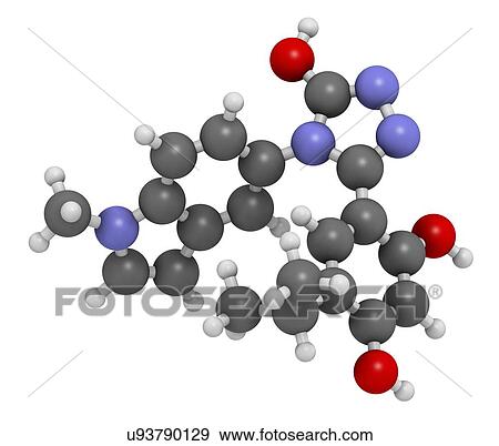 Stock Photo - Ganetespib cancer drug molecule (HSP90 inhibitor). 3D rendering. Atoms are represented as spheres with conventional colour coding: hydrogen (white), carbon (grey), nitrogen (blue), oxygen (red).. Fotosearch