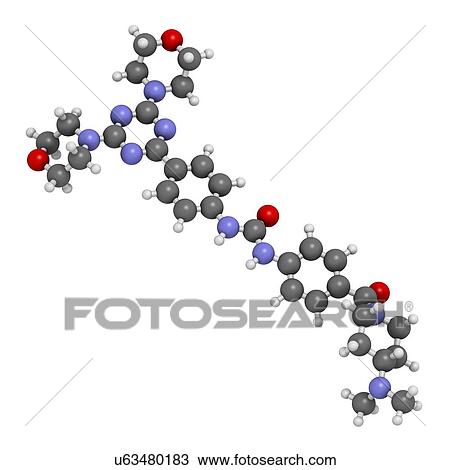 Stock Image - Gedatolisib cancer drug molecule. 3D rendering. Atoms are represented as spheres with conventional colour coding: hydrogen (white), carbon (grey), nitrogen (blue), oxygen (red).. Fotosearch