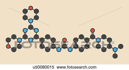 Stock Photography - Gedatolisib cancer drug molecule. Stylized skeletal formula (chemical structure): Atoms are shown as color-coded circles: hydrogen (hidden), carbon (grey), nitrogen (blue), oxygen (red).. Fotosearch