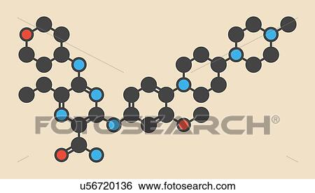 Stock Photograph - Gilteritinib cancer drug molecule (kinase inhibitor). Stylized skeletal formula (chemical structure): Atoms are shown as color-coded circles: hydrogen (hidden), carbon (grey), nitrogen (blue), oxygen (red).. Fotosearch