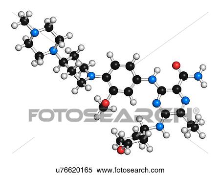 Stock Photography - Gilteritinib cancer drug molecule (kinase inhibitor). 3D rendering. Atoms are represented as spheres with conventional colour coding: hydrogen (white), carbon (black), nitrogen (blue), oxygen (red).. Fotosearch