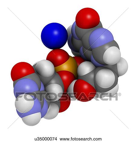 Picture - Guadecitabine cancer drug molecule (DNA methyltransferase inhibitor). 3D rendering. Atoms are represented as spheres with conventional colour coding: hydrogen (white), carbon (grey), nitrogen (blue), oxygen (red), phosphorus (orange).. Fotosearch