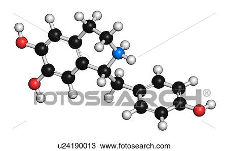 Stock Image - Higenamine herbal molecule. Present in some fat burner food supplements. 3D rendering. Atoms are represented as spheres with conventional colour coding: hydrogen (white), carbon (black), oxygen (red), nitrogen (blue).. Fotosearch