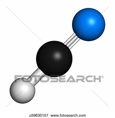 Stock Photo - Hydrogen cyanide (HCN) poison molecule. Has typical almond-like odour. Atoms are represented as spheres with conventional colour coding: hydrogen (white), carbon (grey), nitrogen (blue).. Fotosearch