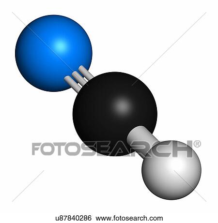 Hydrogen cyanide (HCN) poison molecule. Has typical almond-like odour. Atoms are represented as spheres with conventional colour coding: hydrogen (white), carbon (grey), nitrogen (blue). View Large Photo Image Stock Photograph - Hydrogen cyanide (HCN) poison molecule. Has typical almond-like odour. Atoms are represented as spheres with conventional colour coding: hydrogen (white), carbon (grey), nitrogen (blue).. Fotosearch