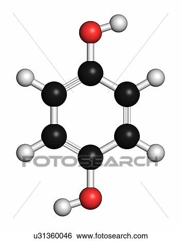 Stock Photograph - Hydroquinone reducing agent molecule. Used in development of photographic film. Atoms are represented as spheres with conventional colour coding: hydrogen (white), carbon (grey), oxygen (red).. Fotosearch