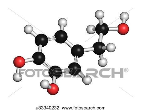 Stock Image - Hydroxytyrosol olive oil antioxidant molecule. 3D rendering. Atoms are represented as spheres with conventional colour coding: hydrogen (white), carbon (black), oxygen (red).. Fotosearch