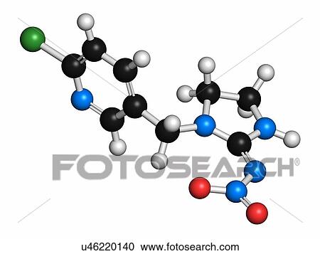 Stock Image - Imidacloprid neonicotinoid insecticide. Insect neurotoxin that may contribute to honey bee colony collapse disorder. Atoms are represented as spheres with conventional colour coding: hydrogen (white), carbon (grey), nitrogen (blue), oxygen (red),.... Fotosearch