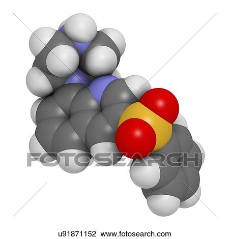Stock Image - Intepirdine Alzheimer's disease drug molecule. 3D rendering. Atoms are represented as spheres with conventional colour coding: hydrogen (white), carbon (grey), nitrogen (blue), oxygen (red), sulfur (yellow).. Fotosearch