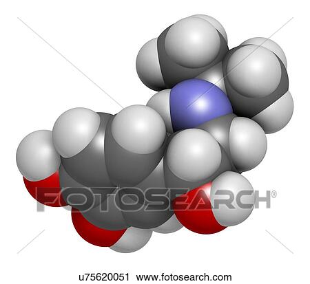 Stock Image - Isoprenaline (isoproterenol) drug molecule. Used in treatment of bradycardia, heart block and asthma. 3D rendering. Atoms are represented as spheres with conventional colour coding: hydrogen (white), carbon (grey), nitrogen (blue), oxygen (red).. Fotosearch