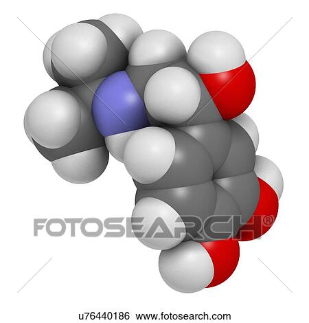 Stock Photograph - Isoprenaline (isoproterenol) drug molecule. Used in treatment of bradycardia, heart block and asthma. 3D rendering. Atoms are represented as spheres with conventional colour coding: hydrogen (white), carbon (grey), nitrogen (blue), oxygen (red).. Fotosearch