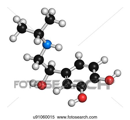 Stock Photography - Isoprenaline (isoproterenol) drug molecule. Used in treatment of bradycardia, heart block and asthma. 3D rendering. Atoms are represented as spheres with conventional colour coding: hydrogen (white), carbon (black), nitrogen (blue), oxygen (red).. Fotosearch