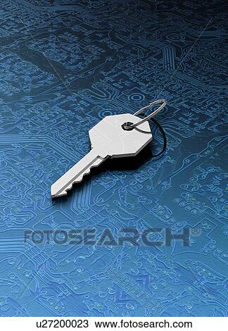 Stock Image - Key on circuit board, illustration.. Fotosearch