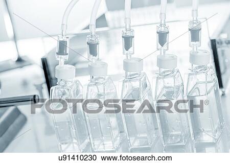 Stock Image - Laboratory bottles and tubes, close up.. Fotosearch
