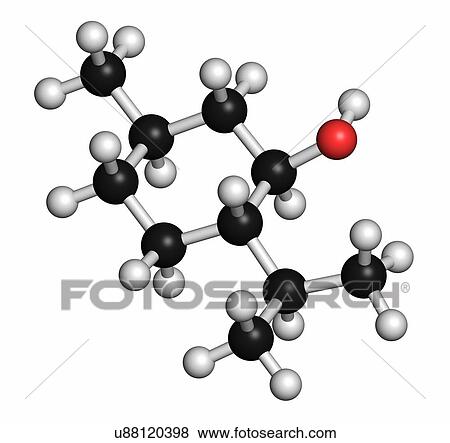 Stock Photo - Menthol molecule. Present in peppermint, corn mints, etc. Atoms are represented as spheres with conventional colour coding: hydrogen (white), carbon (grey), oxygen (red).. Fotosearch