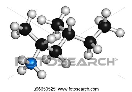Stock Photography - Methylhexanamine (dimethylamylamine, DMAA) stimulant molecule. 3D rendering. Atoms are represented as spheres with conventional colour coding: hydrogen (white), carbon (black), nitrogen (blue).. Fotosearch