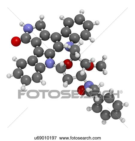 Stock Photo - Midostaurin cancer drug molecule (protein kinase inhibitor). 3D rendering. Atoms are represented as spheres with conventional colour coding: hydrogen (white), carbon (grey), nitrogen (blue), oxygen (red).. Fotosearch