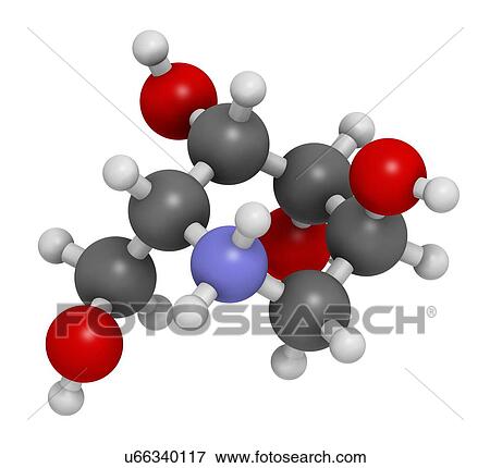 Stock Photo - Migalastat Fabry disease drug molecule. 3D rendering. Atoms are represented as spheres with conventional colour coding: hydrogen (white), carbon (grey), nitrogen (blue), oxygen (red).. Fotosearch