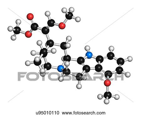 Stock Image - Mitragynine molecule. Herbal alkaloid present in kratom (ketum, Mitragyna speciosa). 3D rendering. Atoms are represented as spheres with conventional colour coding: hydrogen (white), carbon (black), oxygen (red), nitrogen (blue).. Fotosearch