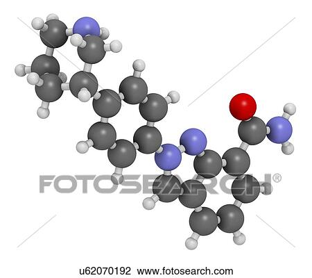 Stock Image - Niraparib cancer drug molecule (PARP inhibitor). 3D rendering. Atoms are represented as spheres with conventional colour coding: hydrogen (white), carbon (grey), nitrogen (blue), oxygen (red).. Fotosearch