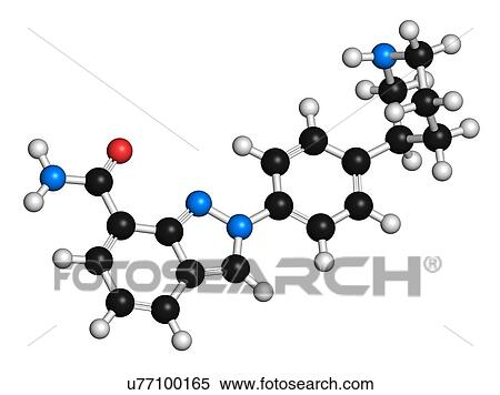 Niraparib cancer drug molecule (PARP inhibitor). 3D rendering. Atoms are represented as spheres with conventional colour coding: hydrogen (white), carbon (black), nitrogen (blue), oxygen (red). View Large Photo Image Stock Photography - Niraparib cancer drug molecule (PARP inhibitor). 3D rendering. Atoms are represented as spheres with conventional colour coding: hydrogen (white), carbon (black), nitrogen (blue), oxygen (red).. Fotosearch