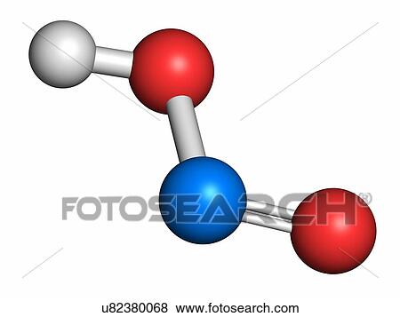 Nitrous acid (HNO2) mineral acid molecule. Atoms are represented as spheres with conventional colour coding: hydrogen (white), oxygen (red), nitrogen (blue). View Large Photo Image Stock Photo - Nitrous acid (HNO2) mineral acid molecule. Atoms are represented as spheres with conventional colour coding: hydrogen (white), oxygen (red), nitrogen (blue).. Fotosearch