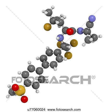 Picture - Odanacatib osteoporosis and bone metastasis drug molecule. Inhibitor of cathepsin K. 3D rendering. Atoms are represented as spheres with conventional colour coding: hydrogen (white), carbon (grey), nitrogen (blue), oxygen (red), sulfur (yellow),.... Fotosearch