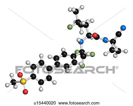 Stock Image - Odanacatib osteoporosis and bone metastasis drug molecule. Inhibitor of cathepsin K. 3D rendering. Atoms are represented as spheres with conventional colour coding: hydrogen (white), carbon (black), nitrogen (blue), oxygen (red), sulfur (yellow),.... Fotosearch