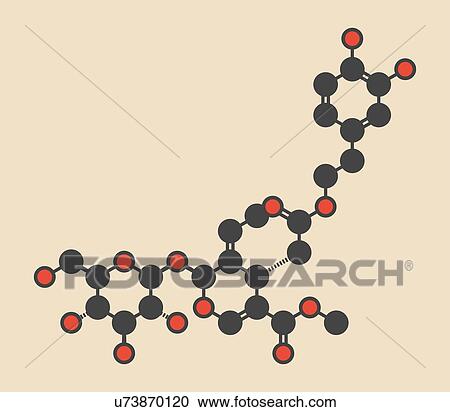 Oleuropein olive component molecule. In part responsible for pungency of virgin olive oil, may have beneficial properties. Stylized skeletal formula (chemical structure): Atoms are shown as color-coded circles: hydrogen (hidden), carbon (grey), oxygen... View Large Photo Image Stock Image - Oleuropein olive component molecule. In part responsible for pungency of virgin olive oil, may have beneficial properties. Stylized skeletal formula (chemical structure): Atoms are shown as color-coded circles: hydrogen (hidden), carbon (grey), oxygen.... Fotosearch