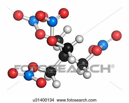 Picture - Pentaerythritol tetranitrate (PETN) explosive molecule. Also used as angina drug (nitrate class). Atoms are represented as spheres with conventional colour coding: hydrogen (white), carbon (grey), oxygen (red), nitrogen (blue).. Fotosearch
