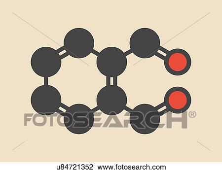 Stock Image - Phthalaldehyde (ortho-phthalaldehyde, OPA) disinfectant molecule. Stylized skeletal formula (chemical structure): Atoms are shown as color-coded circles: hydrogen (hidden), carbon (grey), oxygen (red).. Fotosearch
