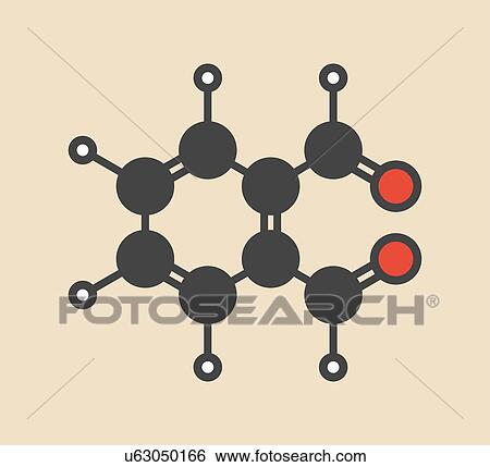 Stock Photograph - Phthalaldehyde (ortho-phthalaldehyde, OPA) disinfectant molecule. Stylized skeletal formula (chemical structure): Atoms are shown as color-coded circles: hydrogen (white), carbon (grey), oxygen (red).. Fotosearch