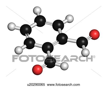 Stock Photography - Phthalaldehyde (ortho-phthalaldehyde, OPA) disinfectant molecule. 3D rendering. Atoms are represented as spheres with conventional colour coding: hydrogen (white), carbon (black), oxygen (red).. Fotosearch