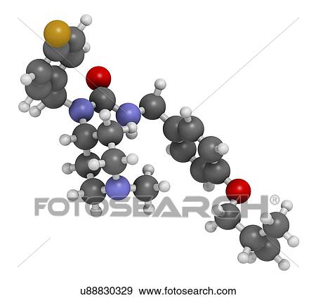 Stock Photo - Pimavanserin atypical antipsychotic drug molecule. 3D rendering. Atoms are represented as spheres with conventional colour coding: hydrogen (white), carbon (grey), nitrogen (blue), oxygen (red), fluorine (gold).. Fotosearch