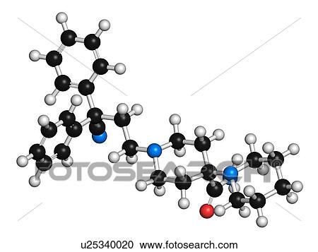 Stock Image - Piritramide opioid analgesic drug molecule. 3D rendering. Atoms are represented as spheres with conventional colour coding: hydrogen (white), carbon (black), nitrogen (blue), oxygen (red).. Fotosearch