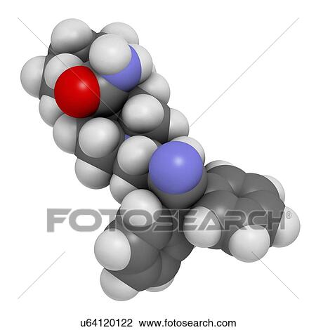 Stock Image - Piritramide opioid analgesic drug molecule. 3D rendering. Atoms are represented as spheres with conventional colour coding: hydrogen (white), carbon (grey), nitrogen (blue), oxygen (red).. Fotosearch
