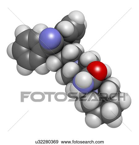 Stock Photo - Piritramide opioid analgesic drug molecule. 3D rendering. Atoms are represented as spheres with conventional colour coding: hydrogen (white), carbon (grey), nitrogen (blue), oxygen (red).. Fotosearch
