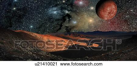 Stock Image - Planet surface with stars and planets.. Fotosearch