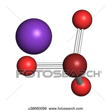 Stock Photo - Potassium bromate (KBrO3, E924). Used as additive to flour in the baking of bread. 3D rendering. Atoms are represented as spheres with conventional colour coding: oxygen (red), potassium (purple), bromine (brown).. Fotosearch