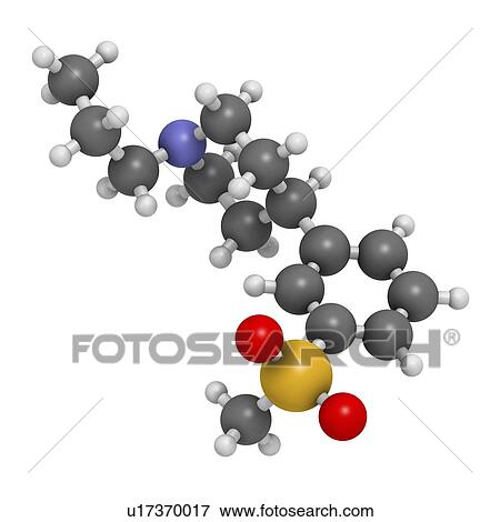 Stock Photo - Pridopidine Huntington's disease drug molecule. 3D rendering. Atoms are represented as spheres with conventional colour coding: hydrogen (white), carbon (grey), nitrogen (blue), oxygen (red), sulfur (yellow).. Fotosearch