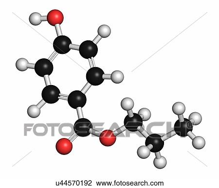 Stock Image - Propylparaben preservative molecule (paraben class). Atoms are represented as spheres with conventional colour coding: hydrogen (white), carbon (grey), oxygen (red).. Fotosearch