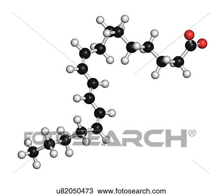Stock Image - Punicic acid (trichosanic acid) molecule. Fatty acid present in pomegranate (Punica granatum). 3D rendering. Atoms are represented as spheres with conventional colour coding: hydrogen (white), carbon (black), oxygen (red).. Fotosearch