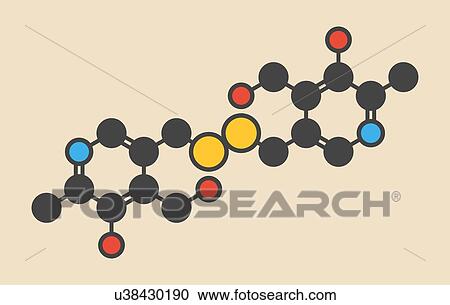 Stock Image - Pyritinol (pyridoxine disulfide) cognitive and learning disorder drug molecule. Also used in nootropic dietary supplements. Stylized skeletal formula (chemical structure): Atoms are shown as color-coded circles: hydrogen (hidden), carbon (grey),.... Fotosearch
