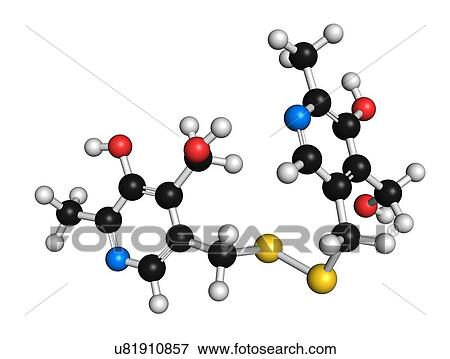 Stock Photo - Pyritinol (pyridoxine disulfide) cognitive and learning disorder drug molecule. Also used in nootropic dietary supplements. 3D rendering. Atoms are represented as spheres with conventional colour coding: hydrogen (white), carbon (black), oxygen (red),.... Fotosearch